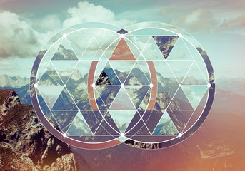Geometric collage with the mountains and forest