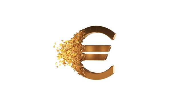 Fractured Euro value 3d model with disappearing effect. Financial crisis concept. Available in FullHD and HD video.