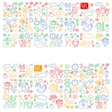 Vector doodle set with kindergarten children. Small kids play, learn, having fun together