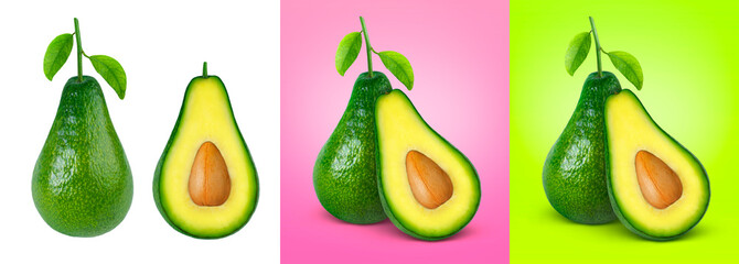 Avocado isolated on white, pink and green background