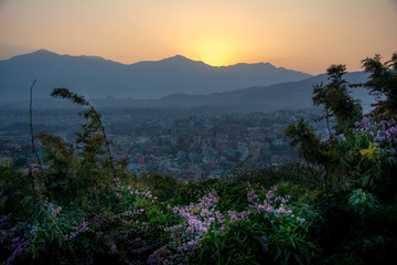 The romantic sunset view from Swayambhunath Stupa of Kathmandu. Taken in Nepal, January 2019.