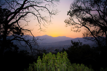 View of a sunset enclosed in a frame of trees to mean a concept of tourism