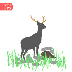 Vector silhouette of deer on a meadow on white background. eps10