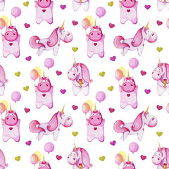 Seamless pattern with pink unicorns. Drawing with watercolor