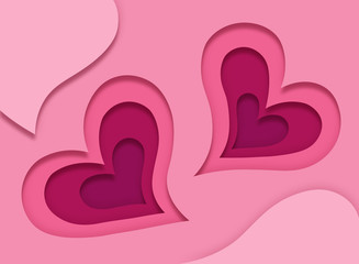 Obraz premium 3d Valentine's Day card with two lovely pink hearts in a paper art style