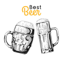 Two glasses with beer on a white background. Vector illustration in sketch style