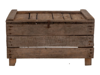 Old wooden box, crate, isolated on white. Upside down, empty.