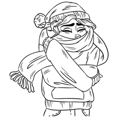Girl in warm cozy scarf. Vector hand-drawn outline illustration