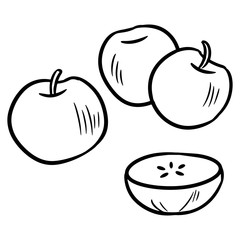 Black and white apple set using doodle art or hand drawing style