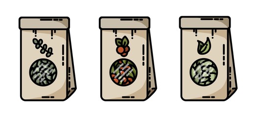 Dried herbs tea craft bags vector flat icons