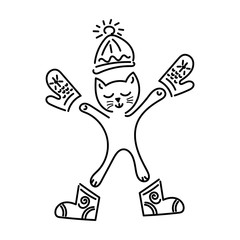 Funny cat in mittens, boots, hat. Hand drawing,outline, vector illustration.