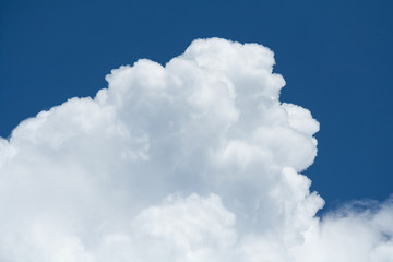 Obraz premium View on a fragment of white cumulus fluffy clouds in blue sky (background, close up)