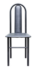 Black metal chair with leather seat and backrest, isolated on white background
