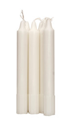 Traditional white household wax candles for power cuts etc. Isolated on white background.