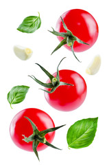 Flying fresh tomatoes on a white background