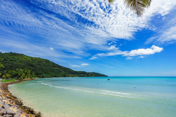 beautiful lagoon with boats behind palm leaves, seychelles 8