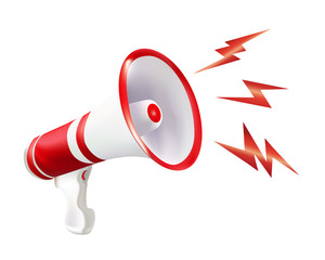 Vector 3d illustration white and red isolated megaphone. Announcement. Communication