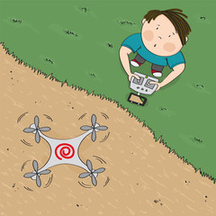 Drone video camera image - young boy controlling his drone, standing on the ground, drone is in the air - original hand drawn illustration © hancik