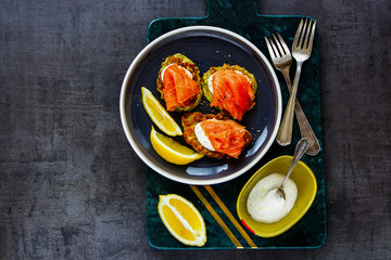 Zucchini fritters with salmon
