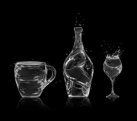 Bottle,wineglass and cup made of water on black background