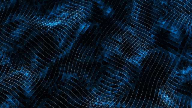 Digital data visualization. cybernetic particles. Low poly mesh. Flow. Wave. Abstract polygonal low poly wave background with connecting dots and lines. 3D rendering.