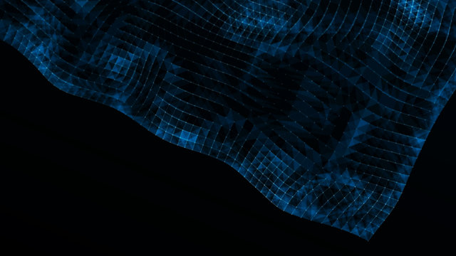 Digital data visualization. cybernetic particles. Low poly mesh. Flow. Wave. Abstract polygonal low poly wave background with connecting dots and lines. 3D rendering.