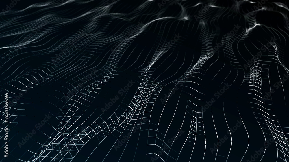 Poster digital data visualization. cybernetic particles. low poly mesh. flow. wave. abstract polygonal low 