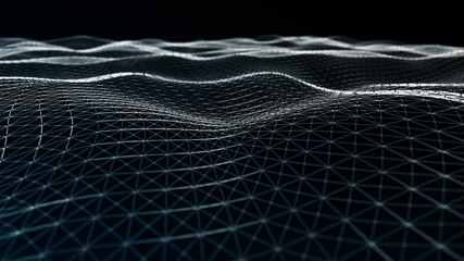 Digital data visualization. cybernetic particles. Low poly mesh. Flow. Wave. Abstract polygonal low poly wave background with connecting dots and lines. 3D rendering.