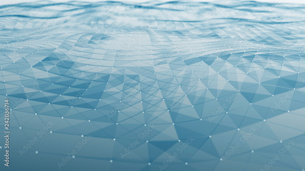 Poster digital data visualization. cybernetic particles. low poly mesh. flow. wave. abstract polygonal low 