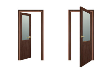 Vector Realistic Different Opened and Closed White Wooden Door Icon Set Closeup Isolated on Brown Background. Elements of Architecture. Design template of Classic Home Door for Graphics. Front View