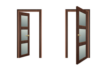 Vector Realistic Different Opened and Closed White Wooden Door Icon Set Closeup Isolated on Brown Background. Elements of Architecture. Design template of Classic Home Door for Graphics. Front View