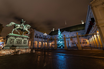 Obraz premium Christmas tree in the Dutch king and queen residence at night, in The Hague where they celebrate the opening of the parliament in September, Netherlands.
