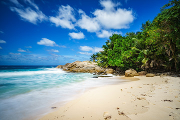 beautiful paradise tropical beach,palms,rocks,white sand,turquoise water, seychelles 21
