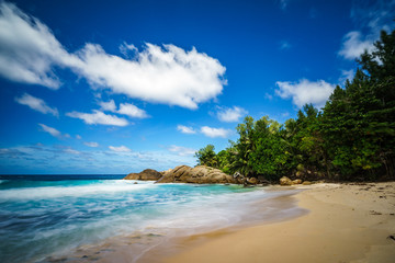 beautiful paradise tropical beach,palms,rocks,white sand,turquoise water, seychelles 29