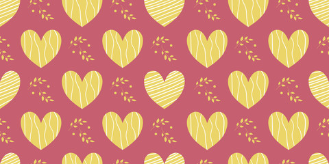 Arrangement of beautiful, hand-decorated hearts with a texture in a line. Vector illustration of a repeating seamless pattern on a light background. 