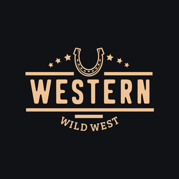Vintage label with silhouette of Shoe Horse for Country/Western/Cowboy Ranch logo design inspiration. Texas Wild West Theme. Logotype Elements Business Sign Hipster.