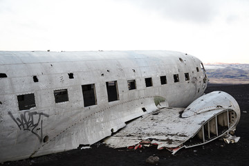 Wreckage of Crashed Airplane DC7 on the Coast of Iceland Black Sand Beach