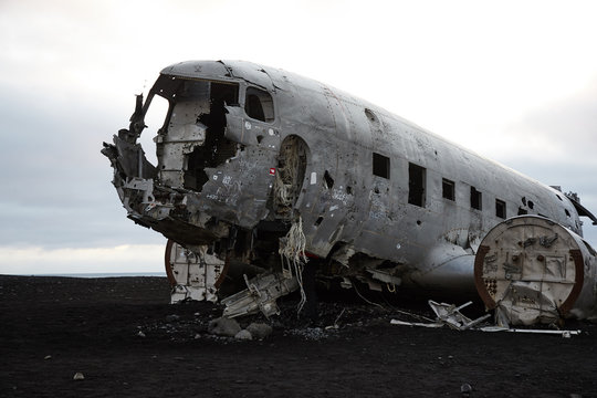 Wreckage of Crashed Airplane DC7 on the Coast of Iceland Black Sand Beach