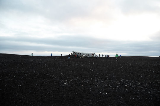 Wreckage of Crashed Airplane DC7 on the Coast of Iceland Black Sand Beach