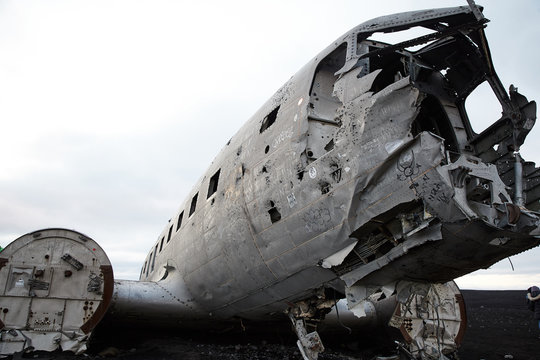Wreckage of Crashed Airplane DC7 on the Coast of Iceland Black Sand Beach