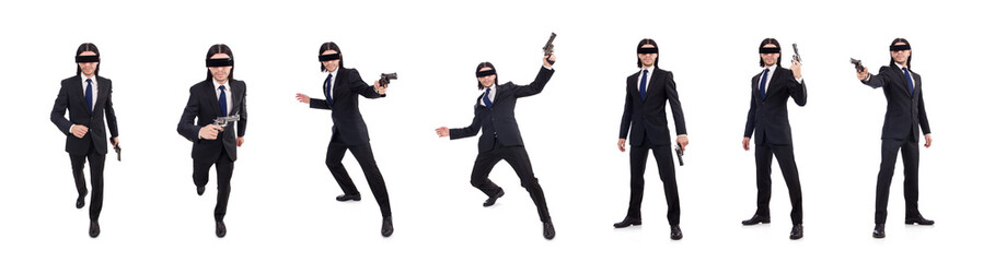 Young man with covered eyes and gun isolated on white