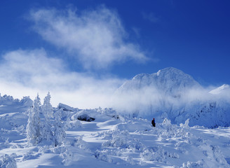 Fototapeta na wymiar Bucura II Peak, 2372m. Winter alpine landscape in National Park Retezat, Carpathians, Romania, Europe. Snow covered moutains scenery