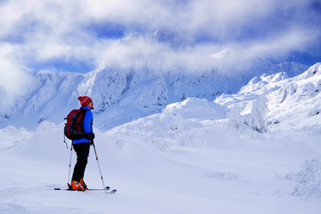 Fototapeta na wymiar Ski touring in cold winter conditions