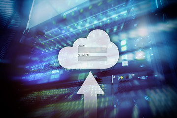 Cloud storage, data access, login and password request window on server room background. Internet...