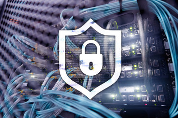 Cyber protection shield icon on server room background. Information Security and virus detection