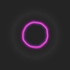 Abstract hi tech futuristic design background, circle neon frame. Shining banner, isolated on black background. Vector illustration.