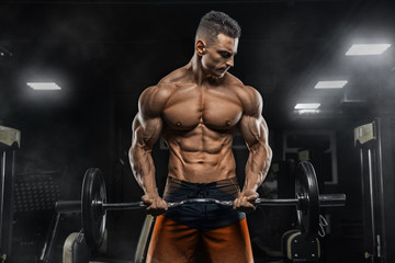 Fototapeta na wymiar Young handsome sexy man, athlete, bodybuilder, weightlifter, in a modern gym is covered with a dark background, doing exercises for the biceps using sporting goods - weights. 