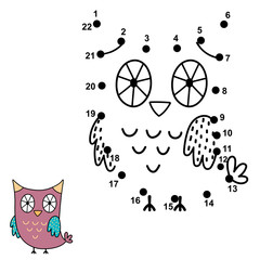 Connect the dots and draw a cute owl. Numbers game for children. Vector illustration