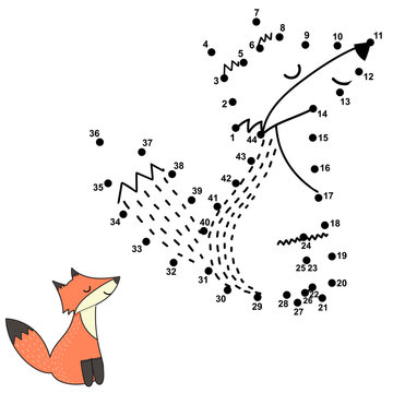 Numbers game for children - dot to dot activity. Cute fox. Vector illustration