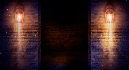 Background of an empty old brick wall. Lantern on the building, night, neon, spotlight, smoke